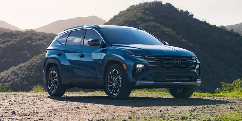 Hyundai Tucson SUV on a dirt road, with hazy green mountains in the background under a pale sky.