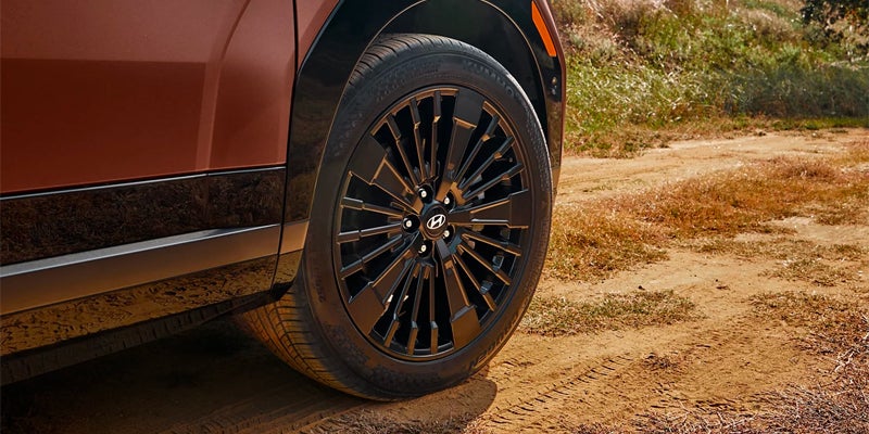 Side view of a bronze car with dark bronze trim and a black multi-spoke wheel on a dirt path with dry grass.