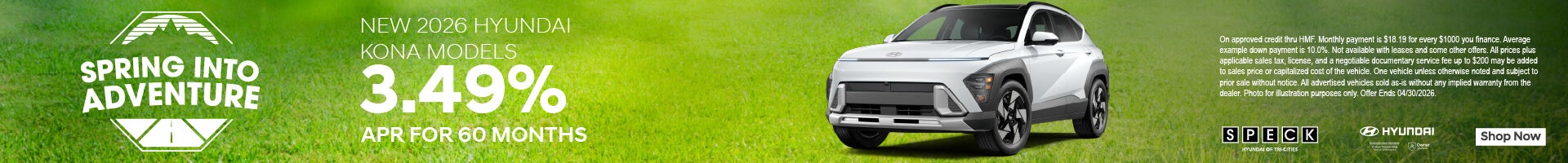 3.49 apr for 60 months on new 2026 hyundai kona