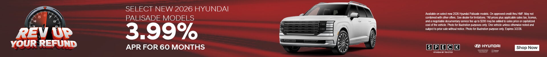 3.99% apr for 60 months on new 2026 palisade models