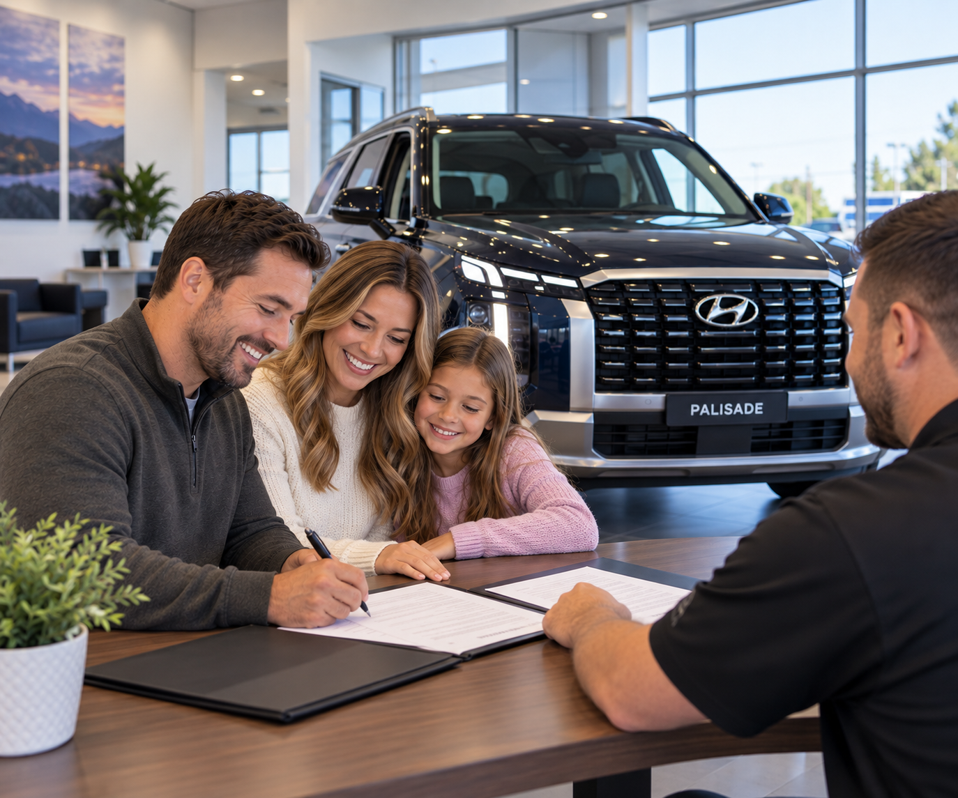 couple signing papers for hyundai palisade