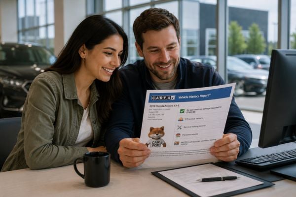 couple looking at carfax vehicle history report