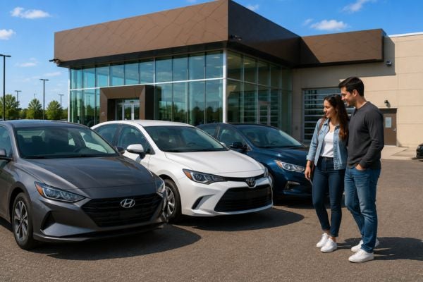 couple shopping used sedans