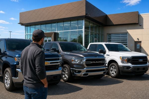couple looking at used trucks